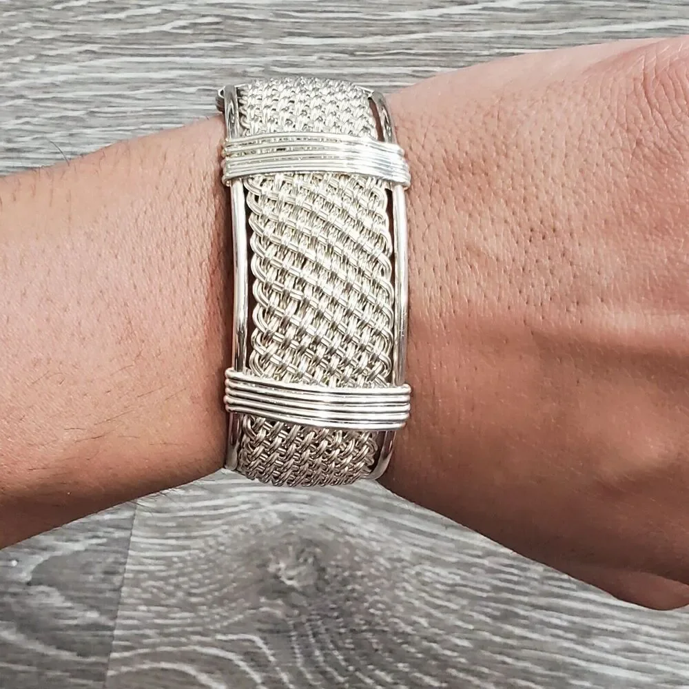 Handwoven 25mm Wide Textile Weave Sterling Silver Bracelet 42 Grams